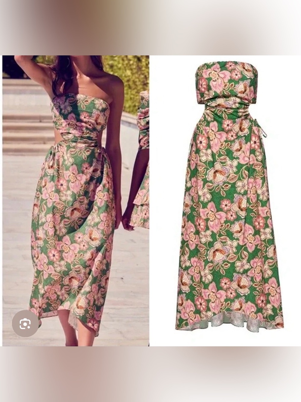 Misa Los Angeles Eleven Dress Green Floral Kelly Blossoms Strapless Open Sides